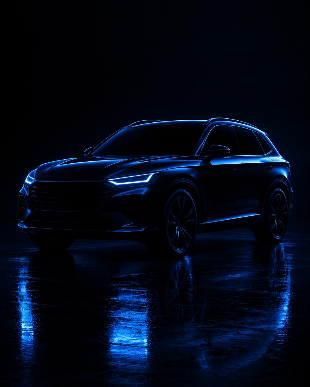 Silhouette d'une voiture éclairée en bleu électrique